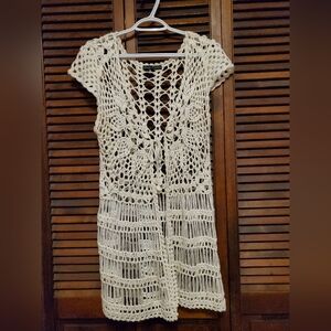 Simply Irresistible Knit Cover Up Duster Knit Vest Cardigan Large Tie White